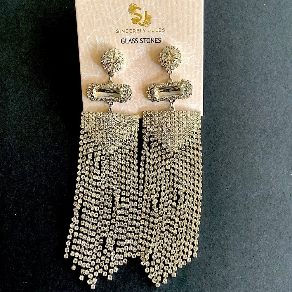 Sincerely Jules Crystal Cascade Fringe Earrings New